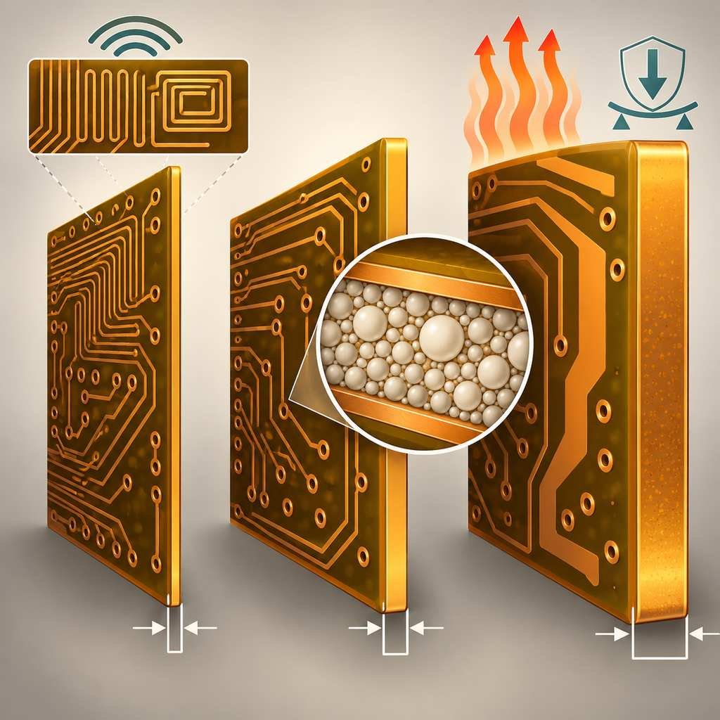 Three RT6010LM high-dielectric panels of different thickness showing narrow geometry, heat paths and rigidity with a magnified filler inset