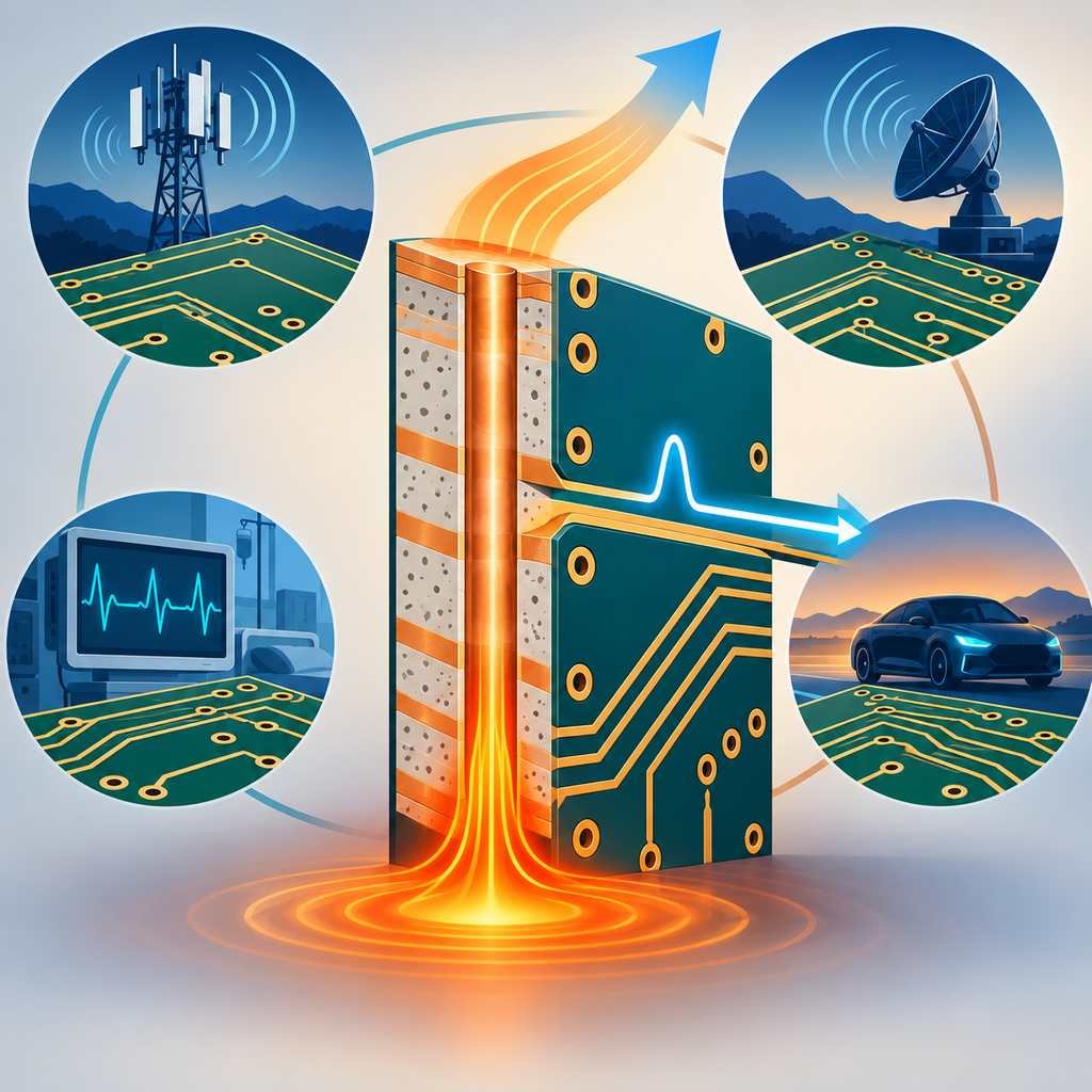 Rogers RT6035HTC laminate panel with a copper thermal via dissipating heat while carrying a high-frequency signal
