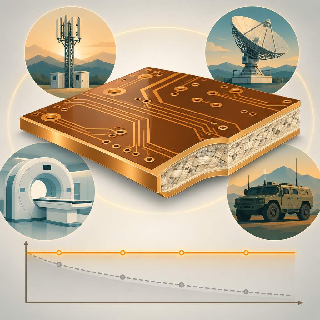 Rogers TC350 laminate panel with a wide flat performance curve and application icons for communications, radar, medical and automotive