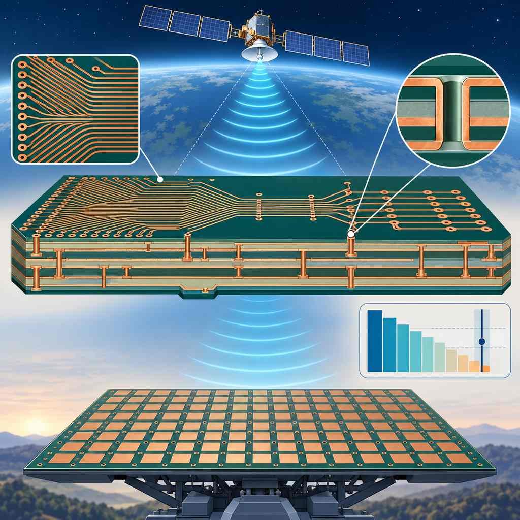 Satellite communication phased array antenna panel and its multilayer board with many mmWave channels, back-drilled vias and a loss budget bar