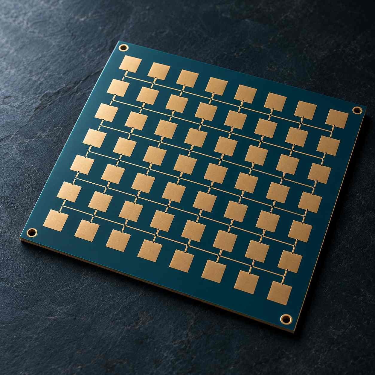Sixty-four parallel mmWave channels fanning from a phased array panel into a beamforming board with calibration markers at patterning, lamination and test