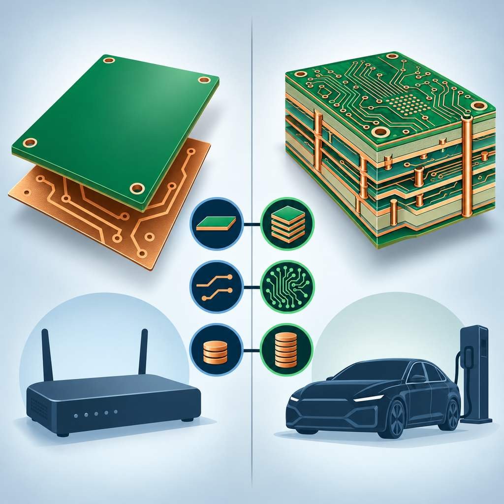 Single-sided board and multilayer board side by side with layer count, routing and cost comparison icons