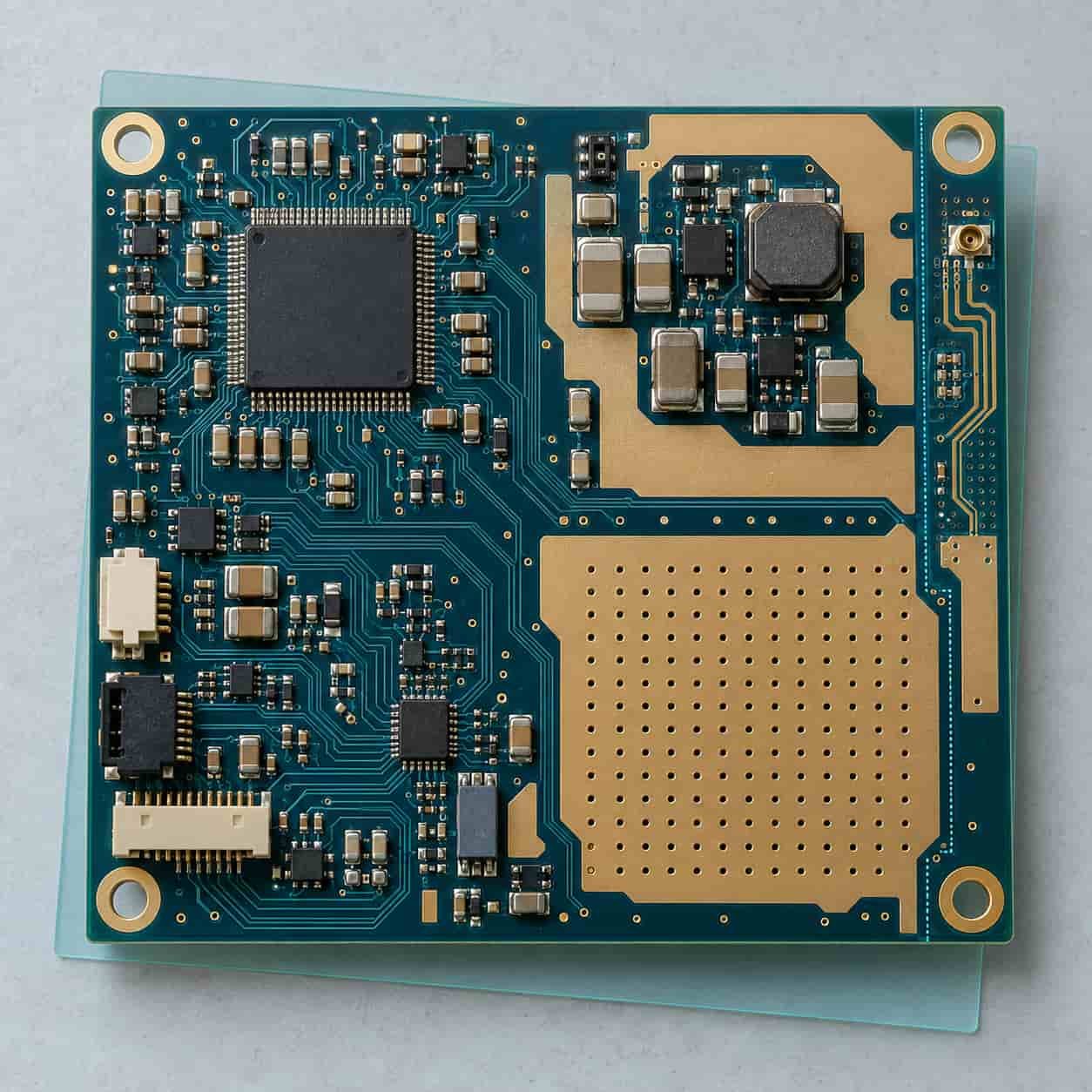 PCB layout with placement zoning for processor decoupling, power rails, connectors and thermal vias above a reference plane sheet