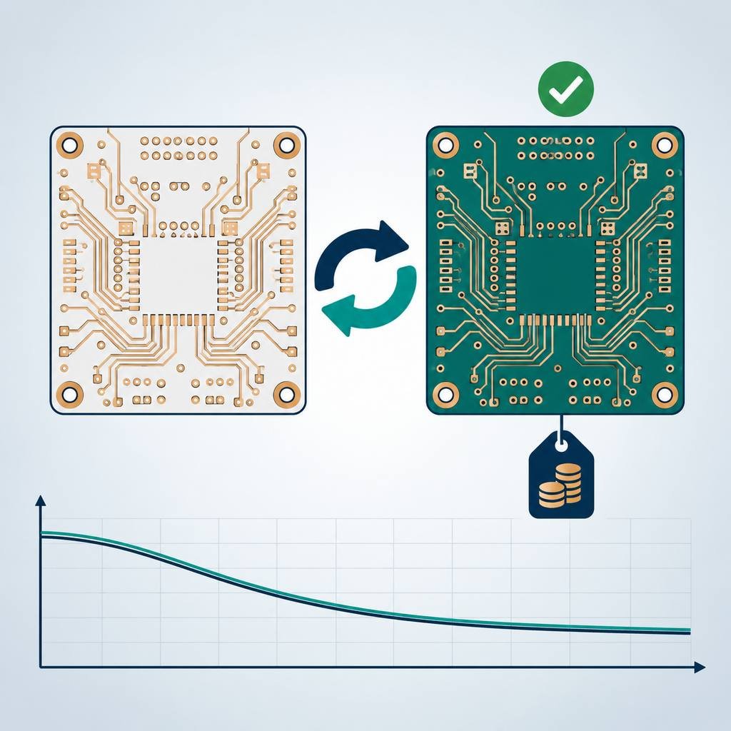 Two equivalent high-frequency laminate panels with a swap arrow, matching low-loss curves and a lower cost tag