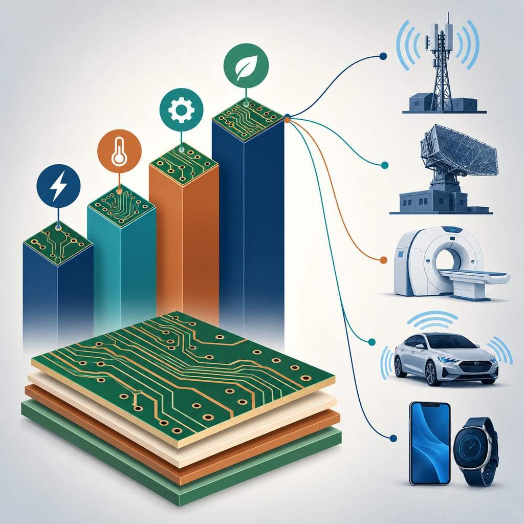 Four Taconic laminate property columns fanning out to telecommunications, military, medical, automotive and consumer electronics applications