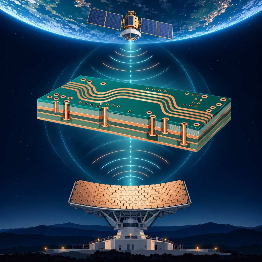 High-frequency PCB linking a satellite in orbit to a phased array radar antenna, illustrating Taconic laminates for space and radar systems