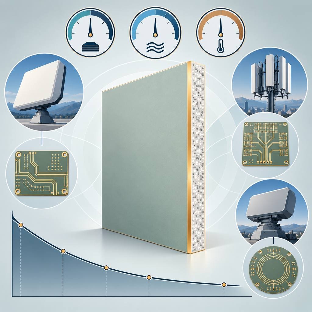 Taconic RF-30 ceramic-filled PTFE laminate panel with three gauges, a low-loss curve and antenna, base station and radar silhouettes