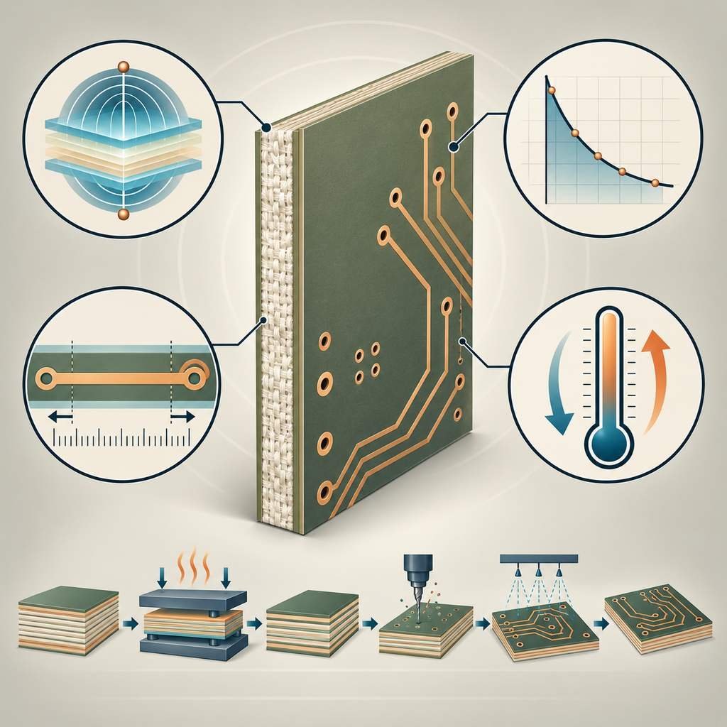 Taconic RF-35 laminate panel with dielectric, loss, thermal expansion and temperature indicators and a production line icon