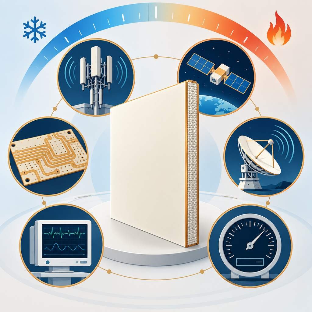 Taconic TLX-0 PTFE laminate panel with icons for its six application fields and a wide operating temperature arc
