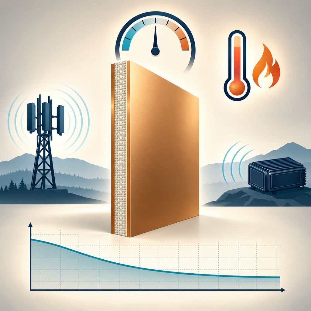 Taconic TLY-3 laminate panel with a mid-scale dial, temperature range icons, a low-loss curve and antenna and transceiver silhouettes