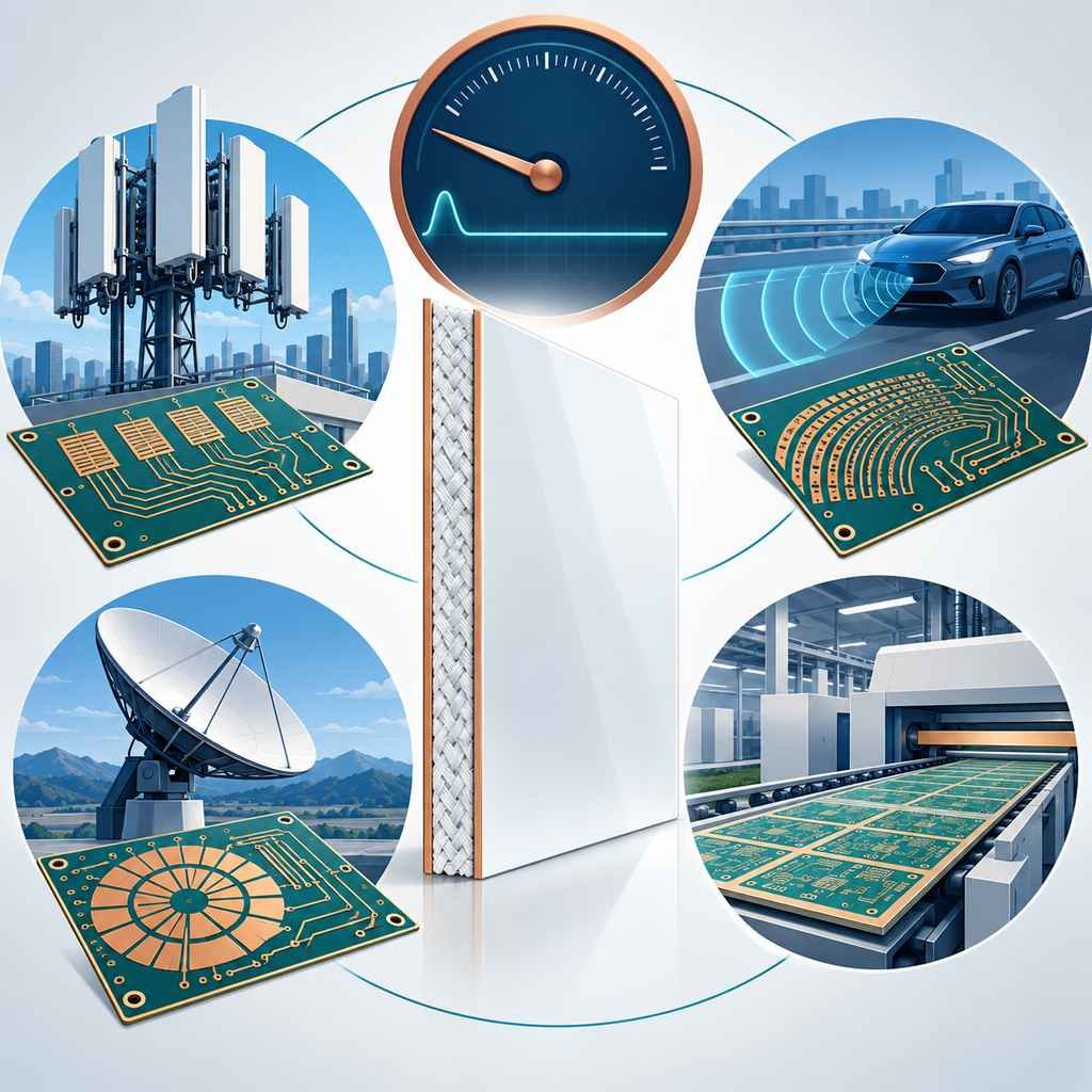 Taconic TLY series PTFE laminate panel with a low-reading dial, flat low-loss line, MIMO array, automotive radar and satellite terminal silhouettes