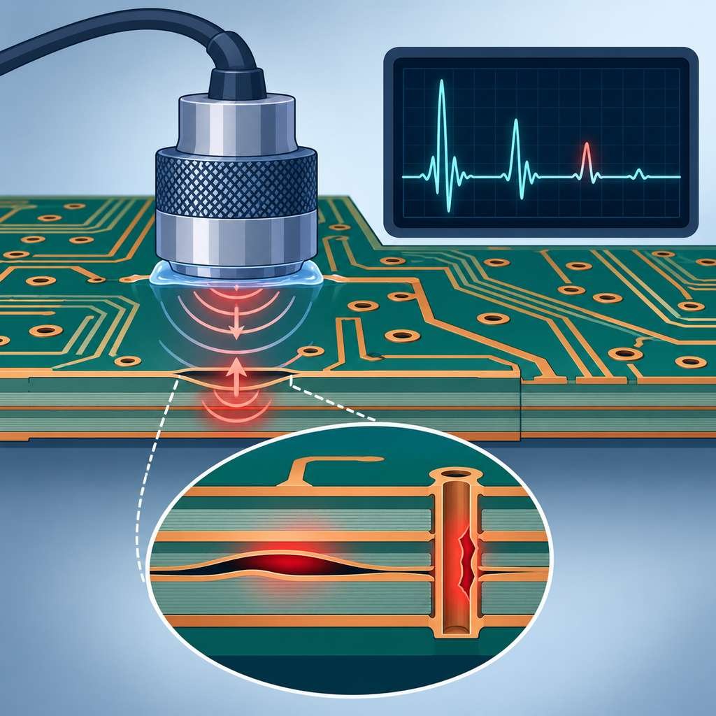 Ultrasonic testing probe sending sound waves into a high-frequency PCB and revealing a buried delamination defect