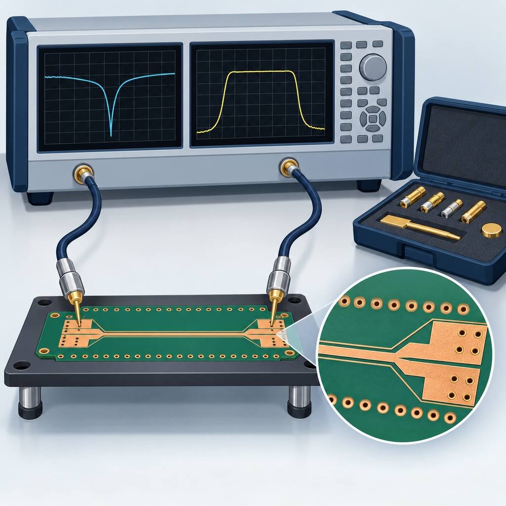 Vector network analyser connected to an optimised PCB test fixture with precision launches, impedance lines and a via fence