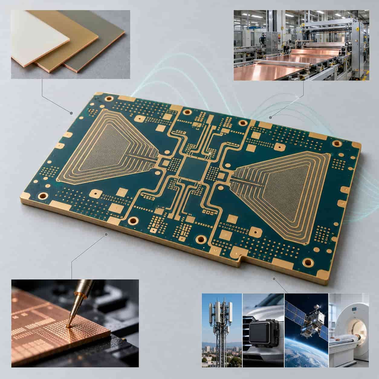 High-frequency PCB with callouts for material families, manufacturing, testing and applications across base station, radar, satellite and medical