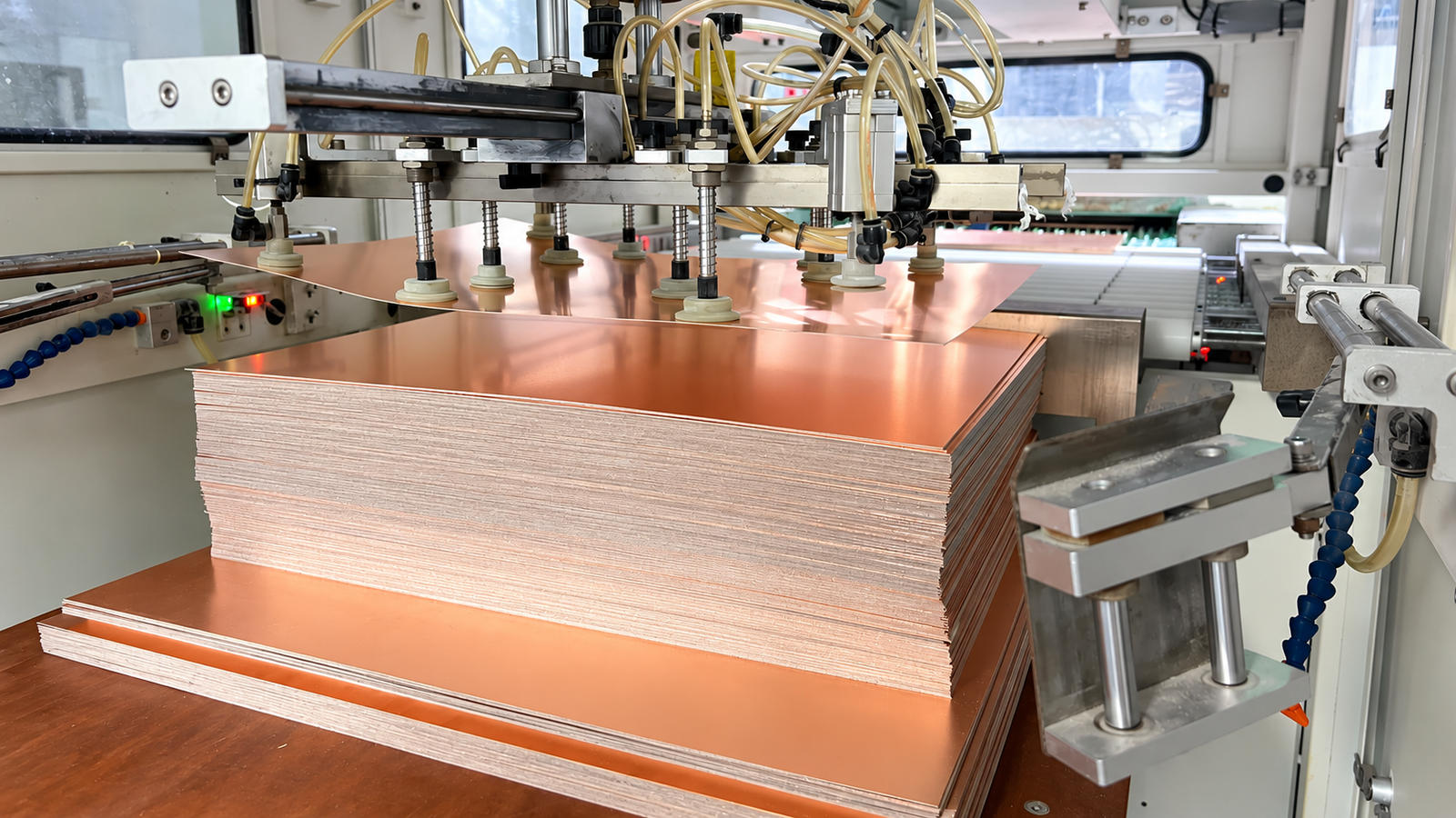 High-Frequency PCB Manufacturing 29 2-36 layers PCB production - stack of multilayer copper clad boards in factory