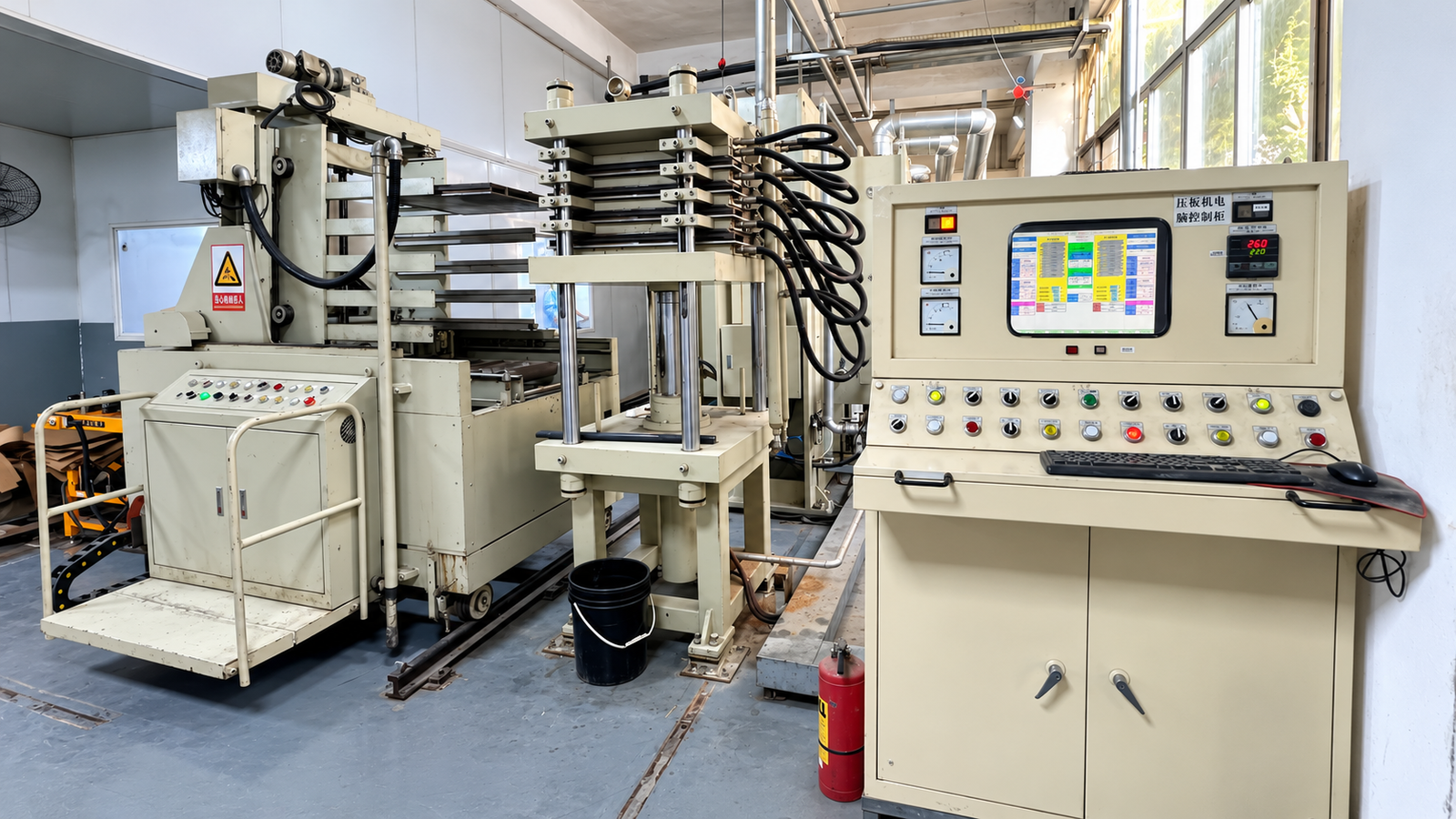 High-Frequency PCB Manufacturing 31 Engineers on call - PCB lamination press machines with control panel in factory