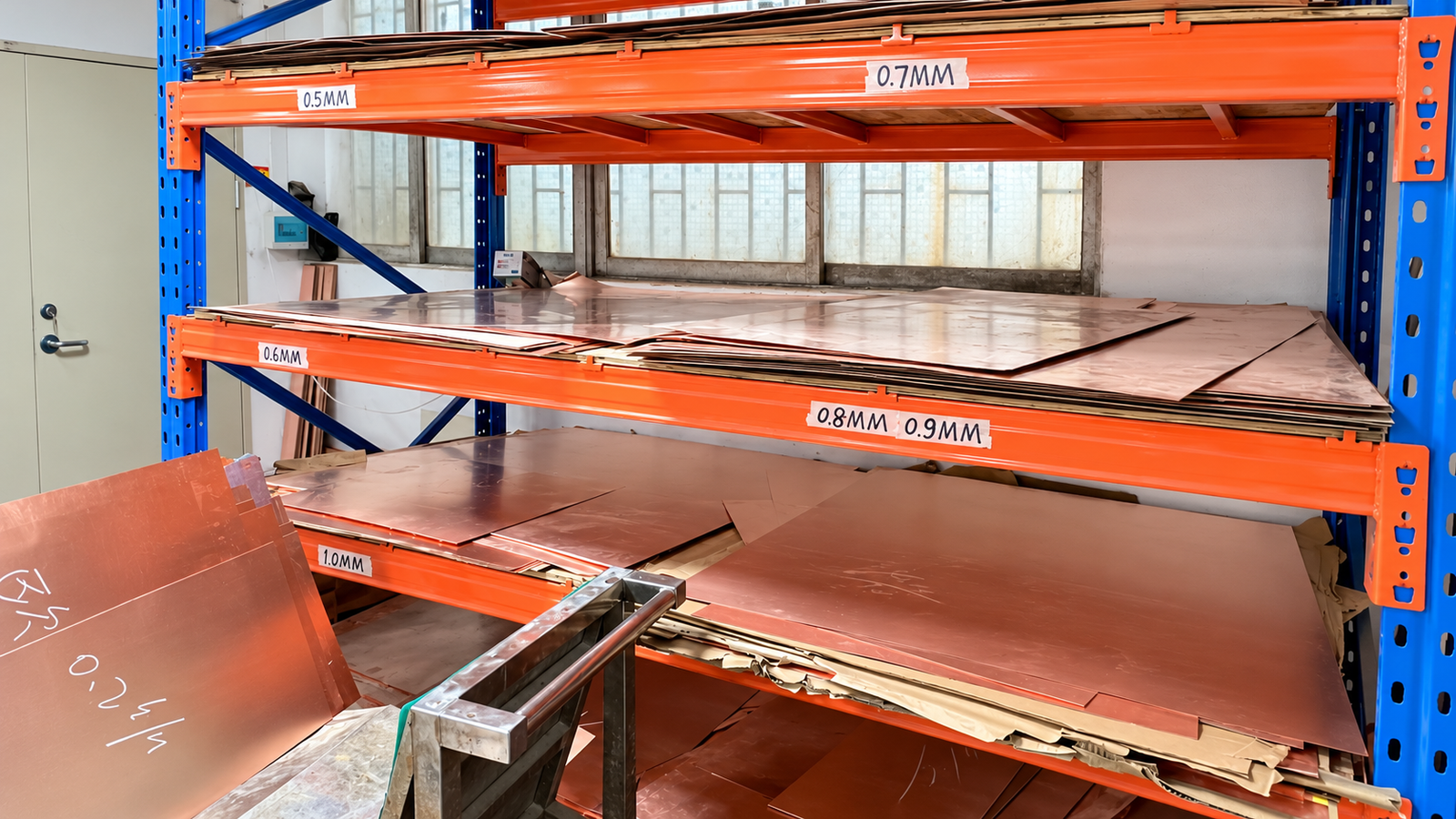 High-Frequency PCB Manufacturing 28 80+ materials in stock - PCB factory warehouse racks full of copper clad laminate sheets