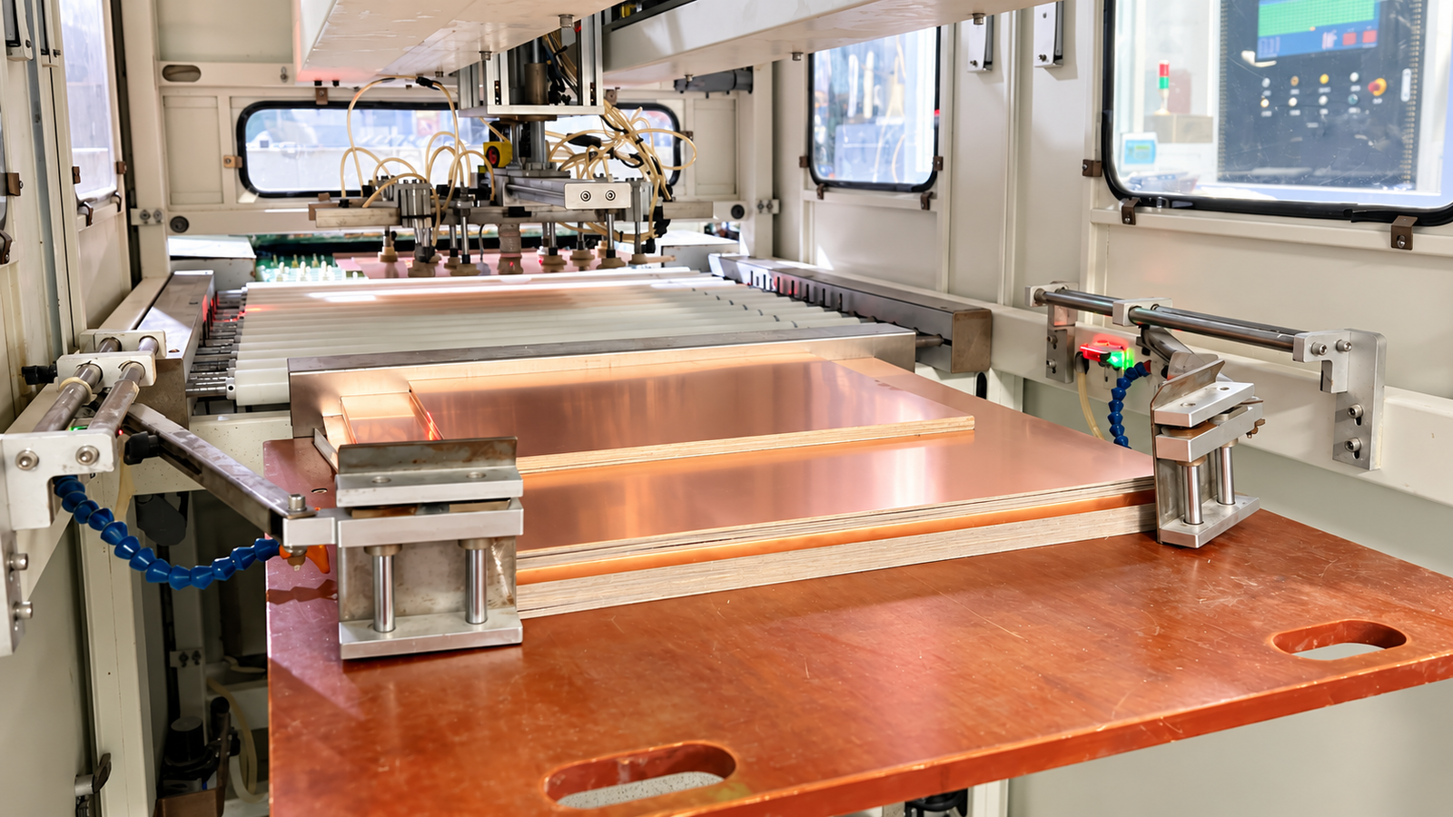 High-Frequency PCB Manufacturing 32 On-time PCB production - wide view of manufacturing line with copper clad panels