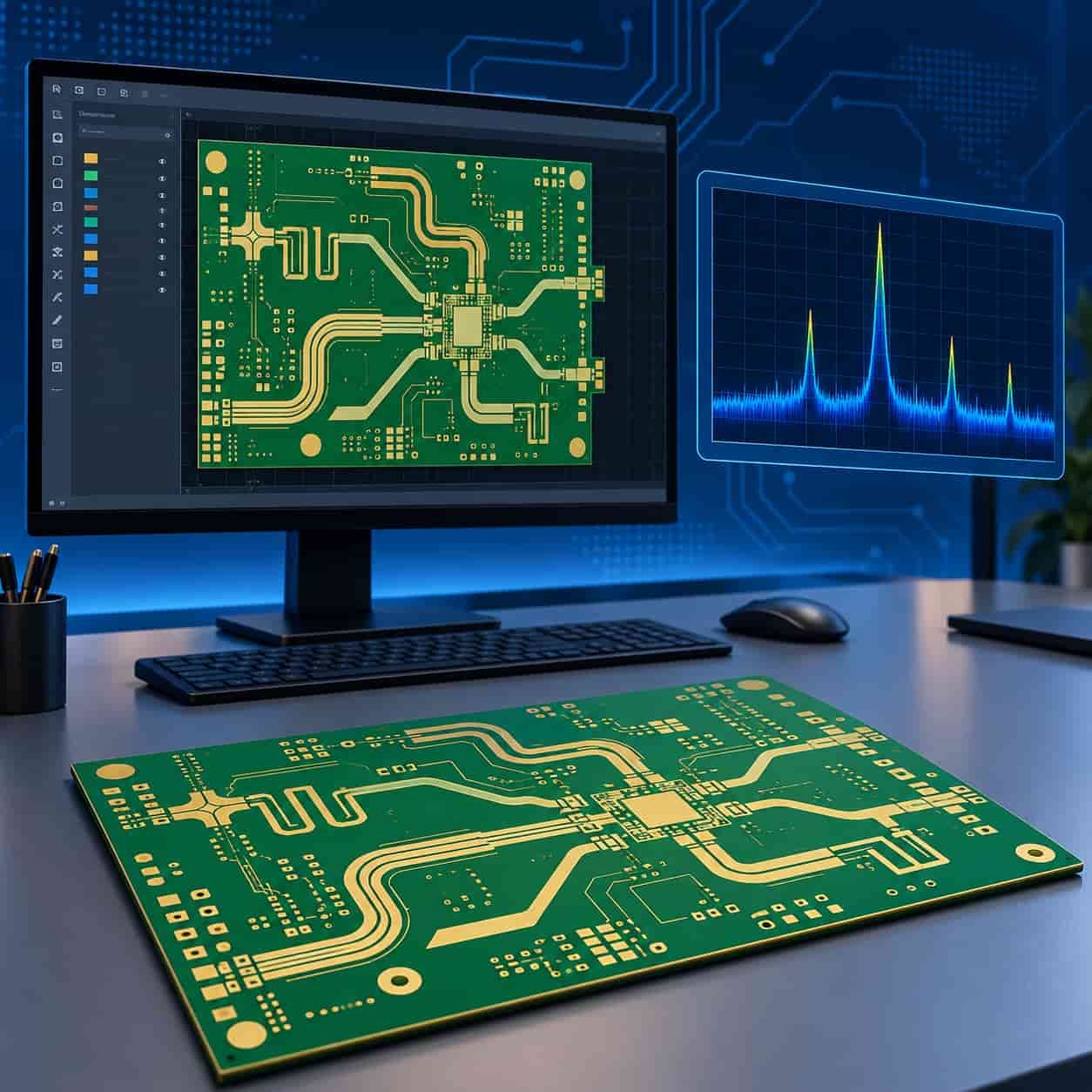 PCB design software on monitor with RF spectrum analyzer waveform and bare microwave circuit board on desk