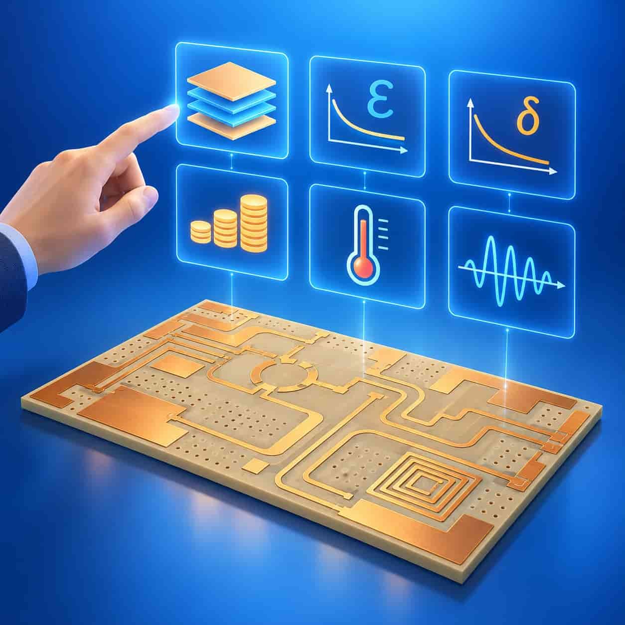 Hand pointing at six glowing icons checklist above bare microwave circuit board showing PCB material selection factors