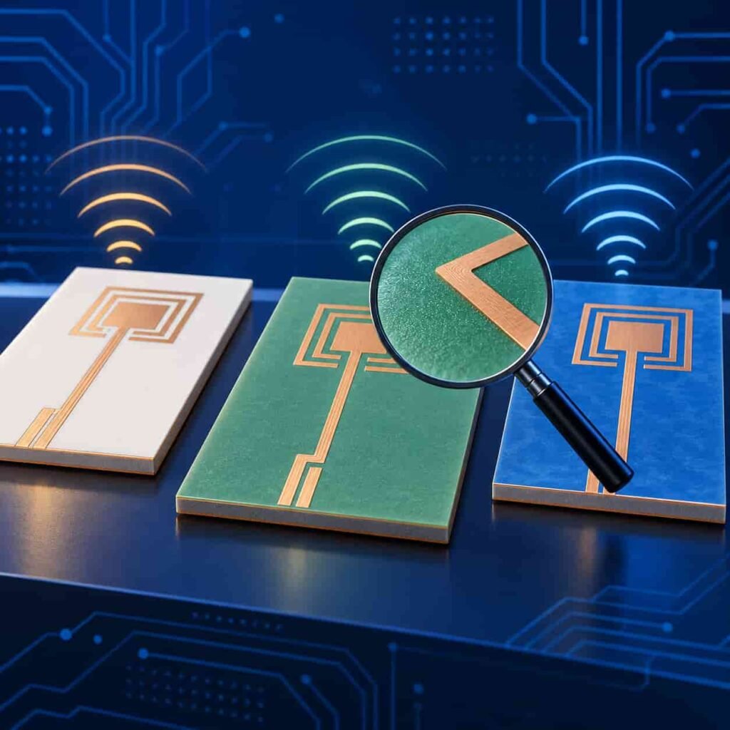 Three bare RF PCB substrate material samples in white green and blue examined with magnifying glass and radio waves